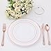 I00000 100Pcs Rose Gold Plates with Disposable Plastic Silverware, Elegant Tableware Set Includes : 20 Dinner Plates,20 Dessert Plates,20 Forks,20 Knives,20 Spoons,White plates rose gold rim for party