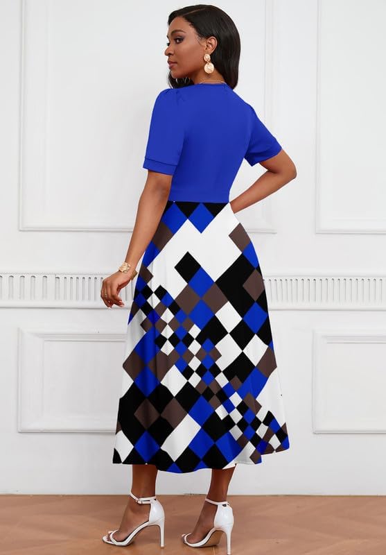 Image of MarryUP Women's Midi Dresses - V Neck Cocktail & Church Tea Dresses - Short Sleeve A-Line Swing Dress