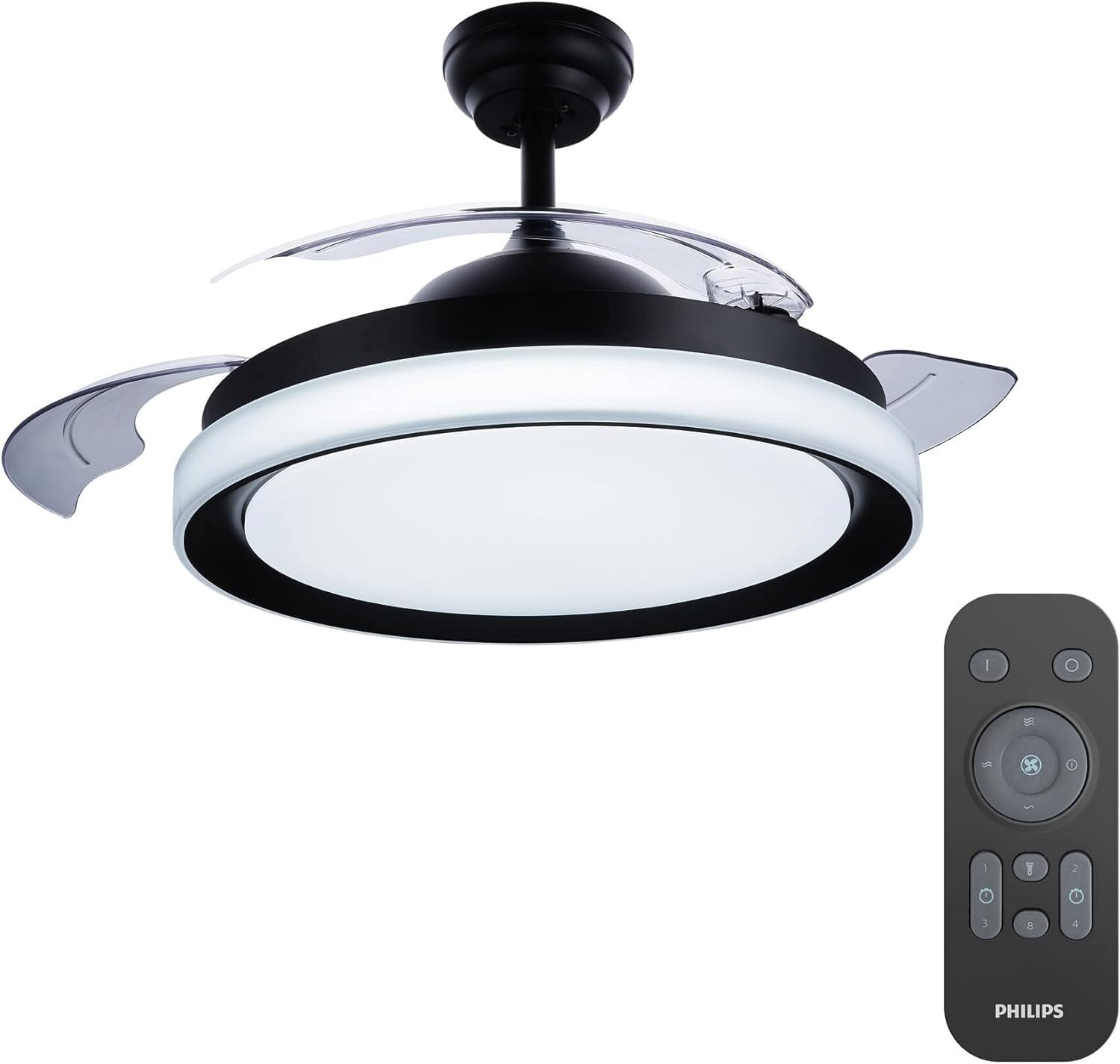 Philips - Bliss Ventilador de techo con luz LED (28W) y mando, motor DC (ahorro energia), 35W, luz blanca de cálida a fría (3000-5500K), diametro 510mm, color negro