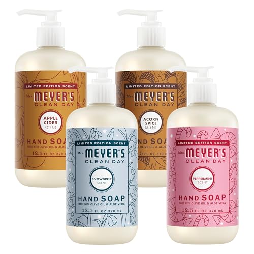 Image of Mrs. MEYER'S CLEAN DAY Seasonal Hand Soap Bundle Variety, Apple Cider + Acorn Spice + Peppermint + Snow Drop, 12.5 Oz Each, 1 CT