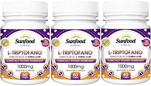 Triptofano Aminoácido de Forma Livre 1000 mg Sunfood 60 Cápsulas Kit 3 Unidades