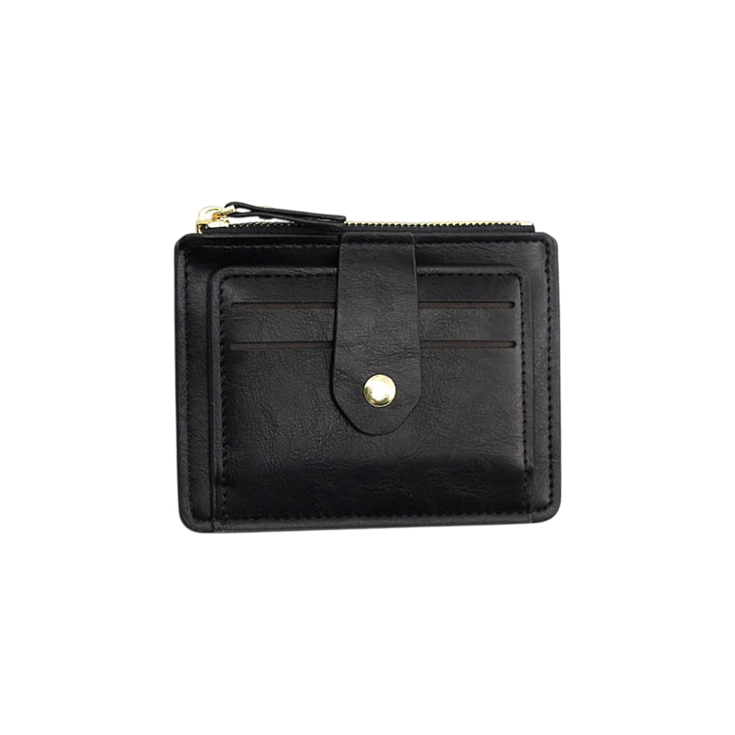 momisy Slim Leather Card Holder Wallet Zippered, Multiple Card Slots, Gold Button (Black)-picture-37
