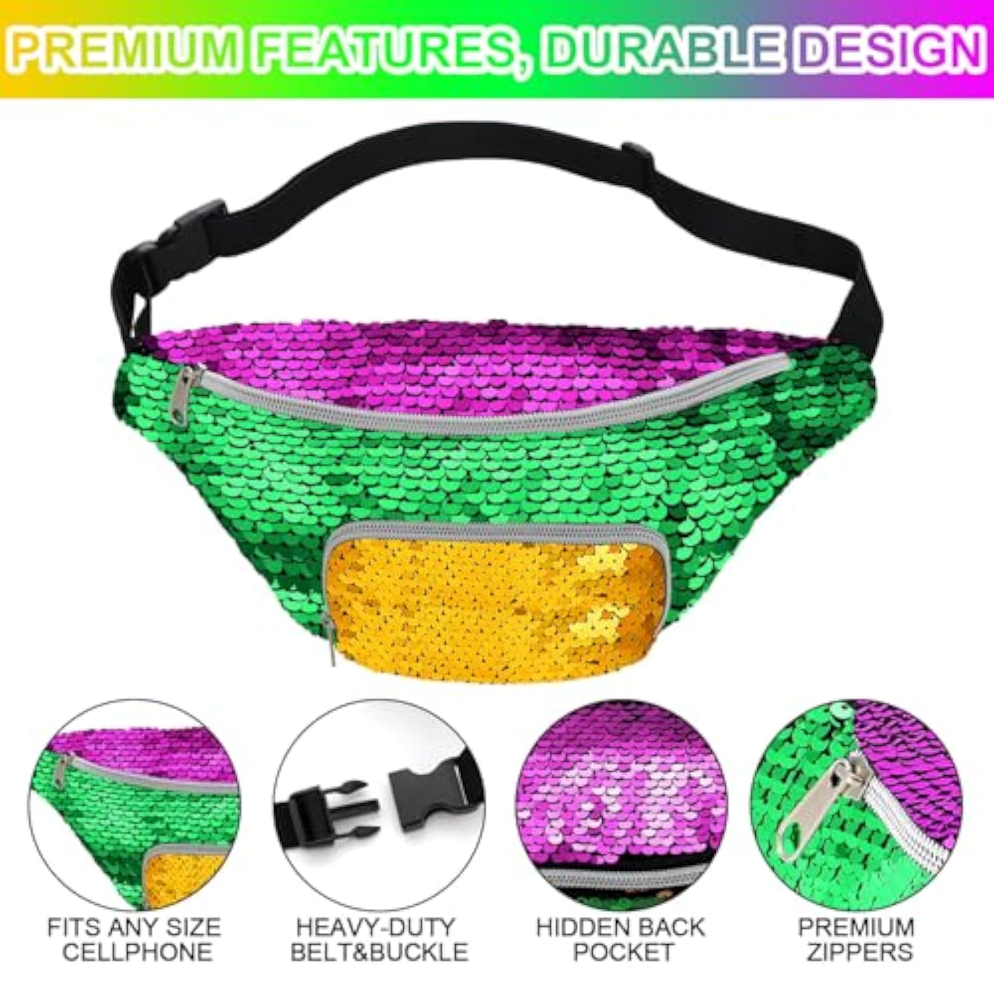 4 Pcs Mardi Gras Sequin Fanny Pack Set, Adjustable