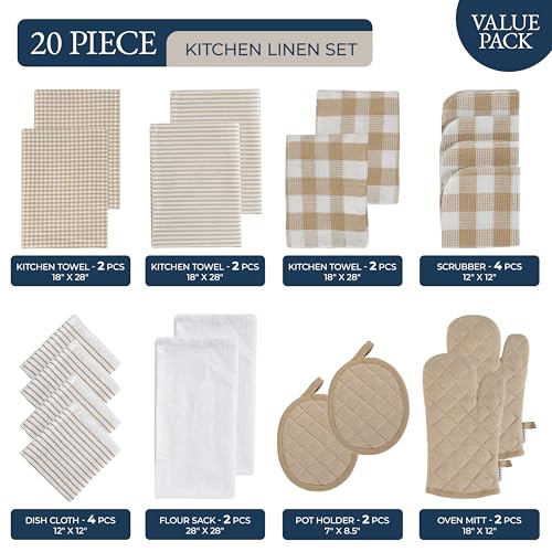 LANE LINEN 20 Piece Kitchen Dish Cloths Set - 100% Cotton Dish Towels, Heat Resistant Kitchen Mittens and Pot Holder Set, Reusable Dish Rags for Washing Dishes, Absorbent Dish Towels- Beige