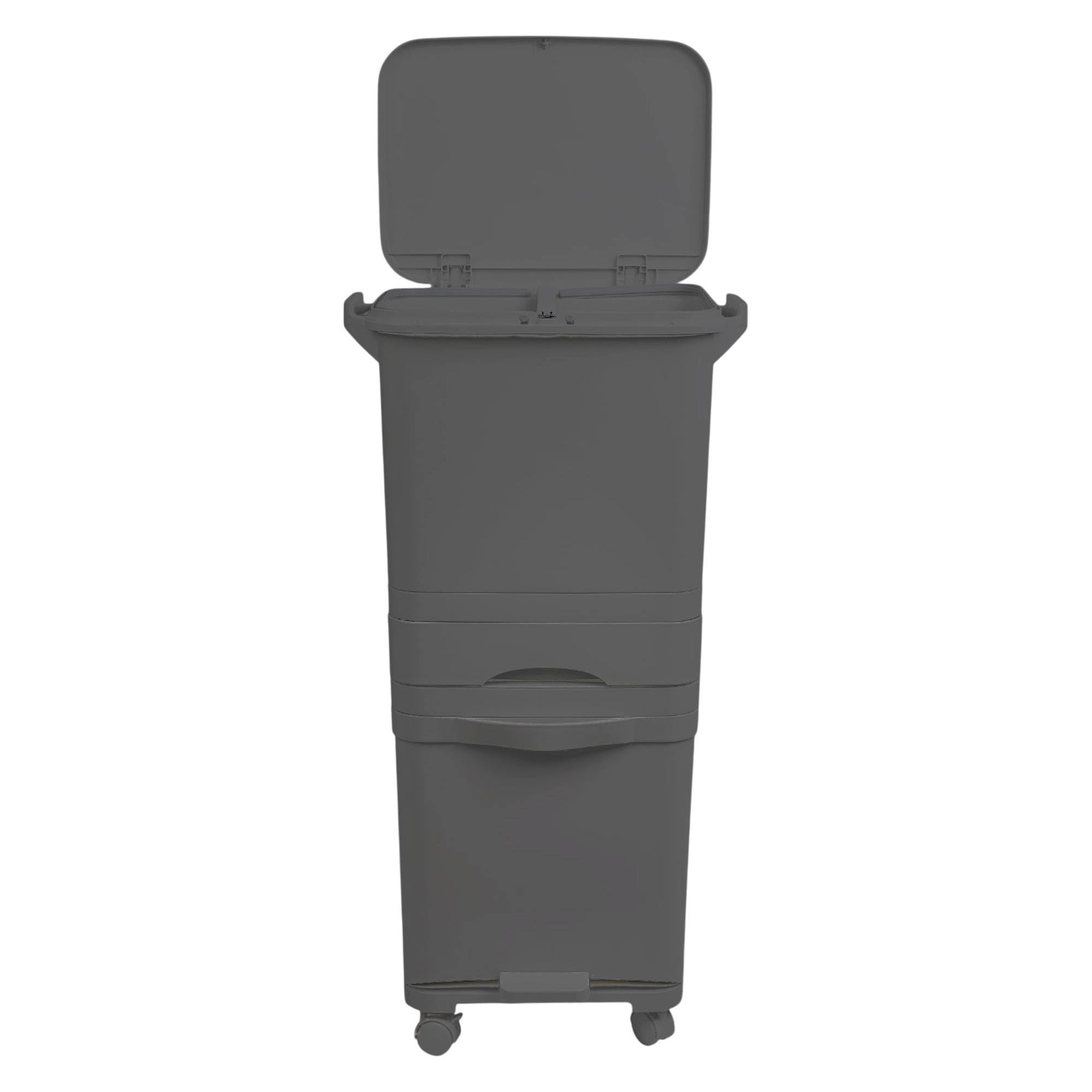 Papelera de reciclaje de clasificación selectiva con pedal, ruedas y asa de triple compartimento de 42L (24L + 4L + 14L) gris antracita