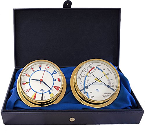 MASTER-MARINER American Voyager Collection, 10 Pack Nautical Cabin Gift Set, 5.75” Diameter Clock and Comfort Meter Instruments, Gold Finish, Ivory Signal Flag dial