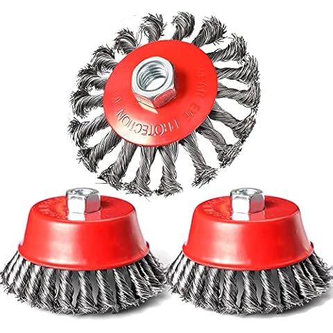 DaduoRi 4 Inch Wire Wheel for Angle Grinder, 3 Pack, 5/8 Inch-11 Threaded Arbor, Wire Wheels for 4 1/2 Angle Grinder, Coarse Crimped Twisted Knotted Cup Brush,Heavy Cleaning Rust Stripping Abrasive Cover