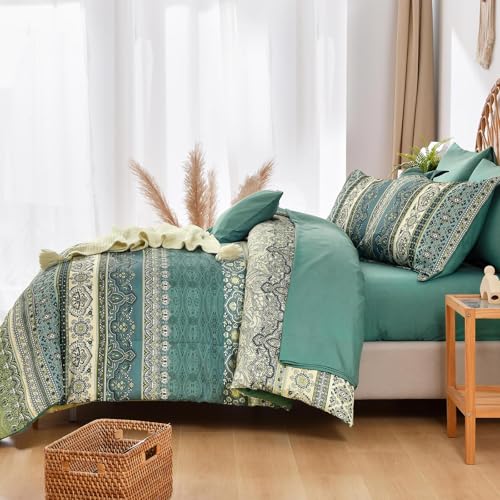 Image of Cottolester Boho Queen Comforter Set 8 Pieces,Green Bohemian Comforter Paisley Striped Bed in A Bag,Soft Microfiber Bedding Set for All Season