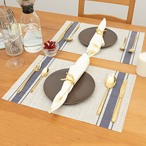 Winknowl Placemats, Set Of 8 Heat Resistant Stain Resistant Non-Slip Woven Vinyl Insulation Placemats, Washable Durable Elegant Table Mats For Dining (Beige Blue) #TOP4