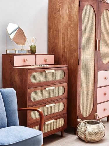 Image of Space Galaxy Solid Sheesham Wood Chest of Drawer with Cane Rattan Fronts | 6 Drawer Tall Storage Cabinet & Closet Organizer | Bedroom, Living Room & Home Furniture | Natural Finish