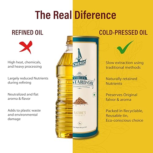 Image of Chekko Cold Pressed Mustard Oil (2 Litre) Tin | Kachi Ghani Yellow Mustard Oil | Pure Wood Pressed Edible Cooking Oil for Frying, Pickles, Sauteing & Traditional Indian Cooking | Natural Unrefined Mustard Oil Bulk Pack