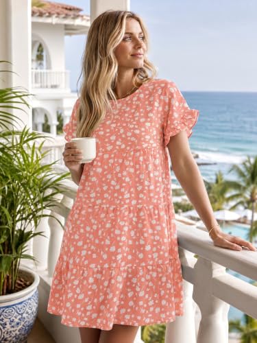 Image of Chuanqi Womens Ruffles Boho Floral Printed Babydoll Loose Swing Casual Short Mini T-Shirt Dress