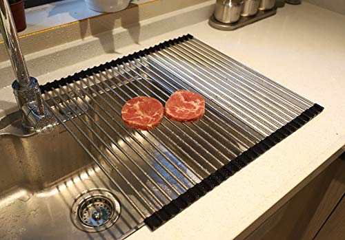 Image of Ahyuan Dish Drying Rack Roll up Sink Drying Rack Dish Rack Dish Drainer Over The Sink Dish Drying Rack Dish Drainers for Kitchen Sink Counter Foldable Stainless Steel Dish Drying Rack (18''x14.2'')