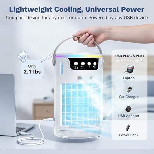 Image of Portable Air Conditioners, 40oz Mini Air Conditioner for Room, Portable Evaporative Air Cooler with 3 Wind Speeds, 3 Cool Mist Modes & 7 LED Lights, 8H Timer, Personal Cooling Fan for Office Desk