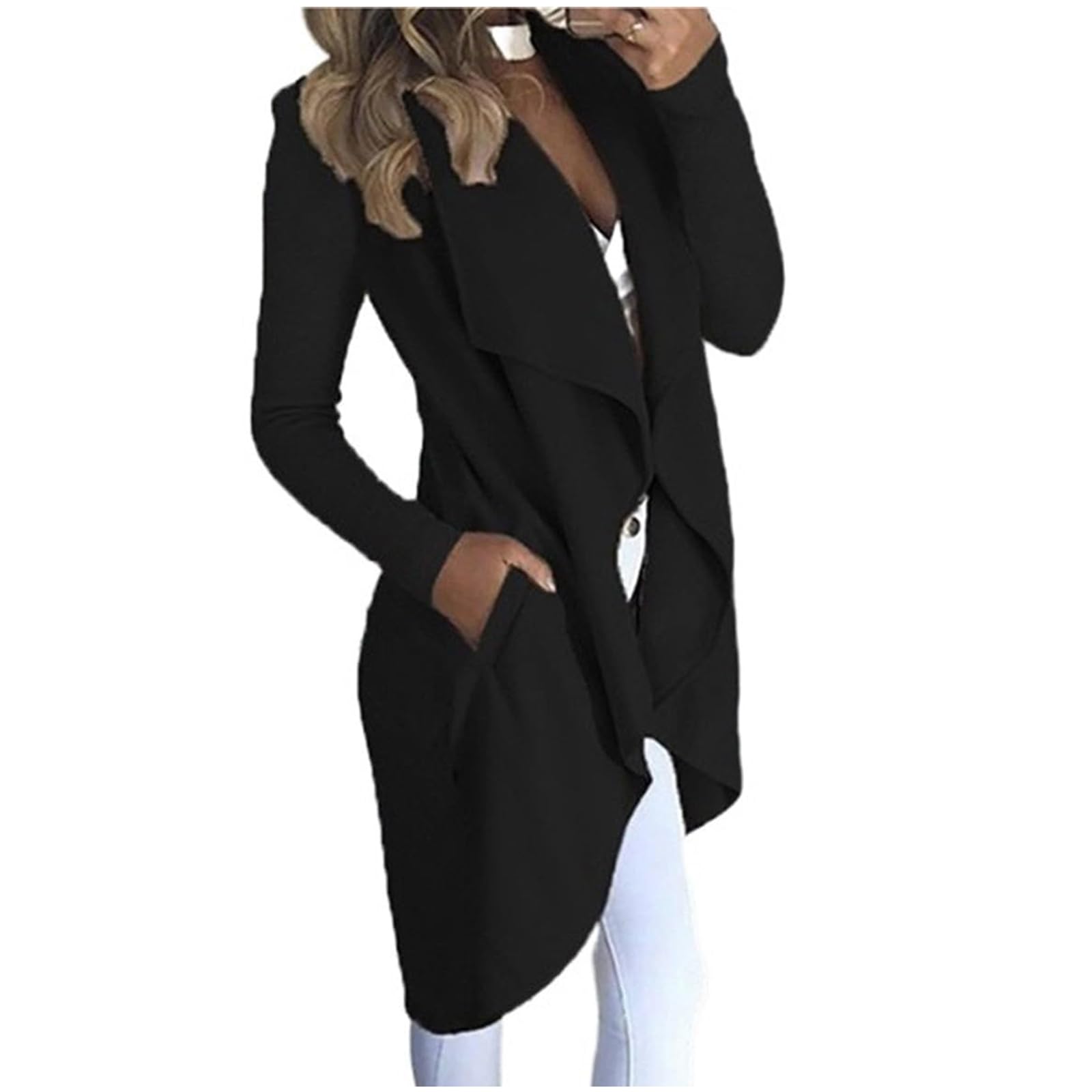 Open Front Cardigan for Women Classy Lapel Knit Coat Lightweight Wool Blend Peacoat Slim Fit Irregular Hem Soft