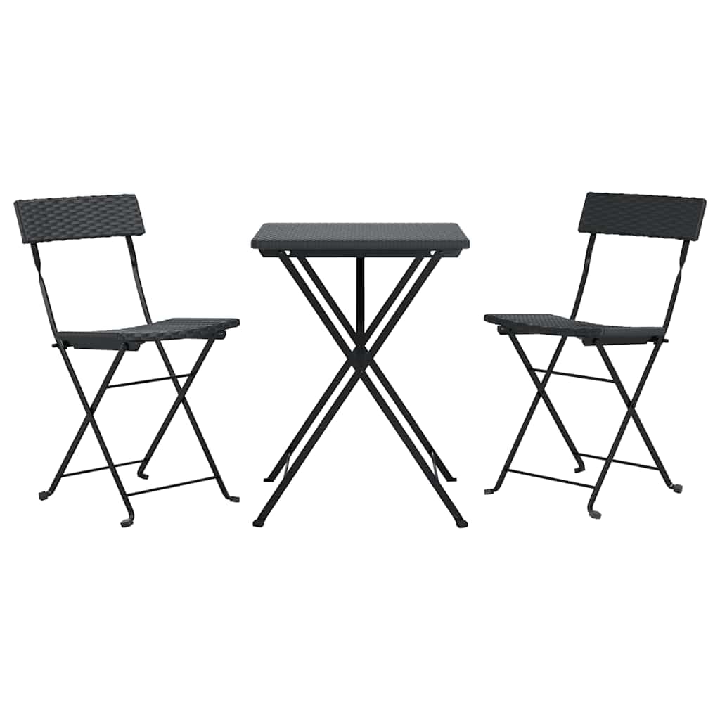 Set da bistrò pieghevole in polyrattan nero, 3 pezzi | Telaio in acciaio verniciato a polvere, resistente alle intemperie, facile da pulire, 110 kg per seduta