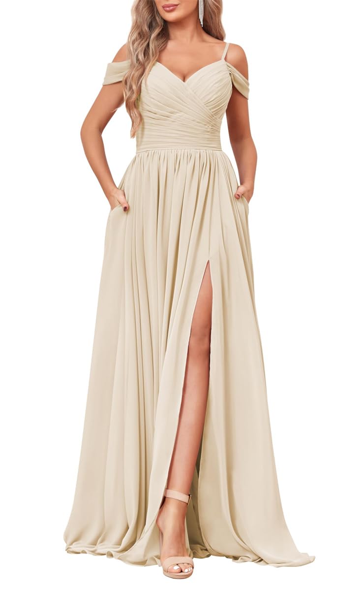 YIANN Off The Shoulder Dresses for Women Formal Gown with Pockets Champagne Bridesmaid Dress Wrap Slit Prom Dress Long UK10