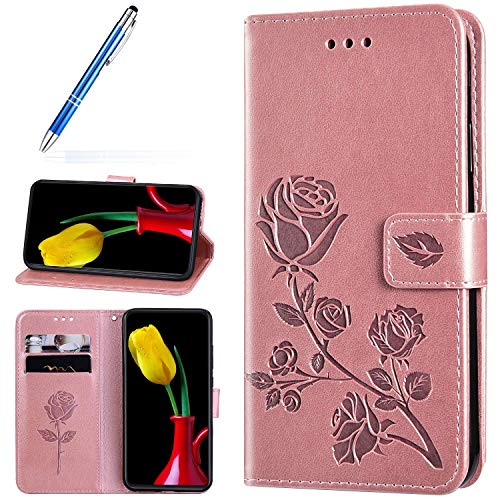 Robinsoni Case Compatible with Samsung Galaxy A20 PU Leather Wallet Cover Retro Case Glossy Lavish Glitter Rose Printed Book Case TPU Silicone Inner Case Folio Flip Magnetic Flower Case Rose Gold