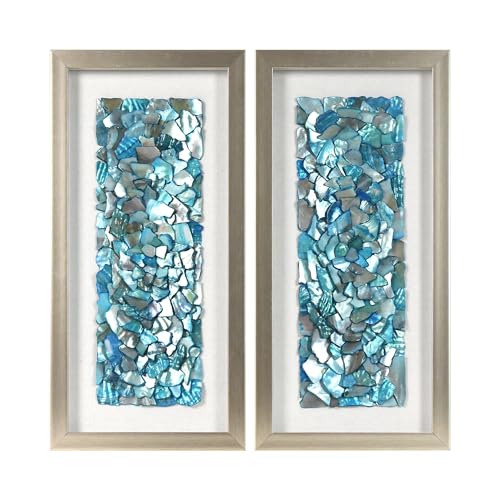 American Art Decor Sea Glass Shadowbox Set - 2-pc Aqua Teal Turquoise Rectangle Seashell Wall Art Champagne Frame on White Linen - Coastal Wall Decor for Living Room Bedroom Bathroom Office