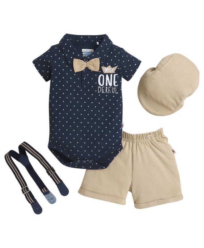 Image of BUMZEE Baby Boys Regular Fit Half Sleeves Collar Neck Cotton Bodysuit & Short Set With Bow Suspender & Cap