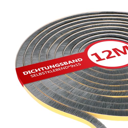 XEEINC 12M Bürstendichtung Selbstklebend, 9mm(B) x 15mm(D) Bürstendichtung für Rolladen Schiebetür, mit Idealer Klebkraft, Türbürstendichtung Dichtungsband Insektenschutz für Fenster Tür - Schwarz