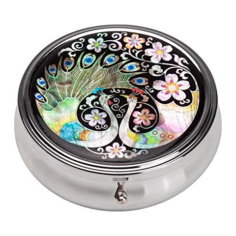 Mother of Pearl Pill Box - Compact 3 Compartment Portable Round Travel Camping Vitamin Medicine Case Holder Container Organizer for Pocket Purse (Peacock) Cover