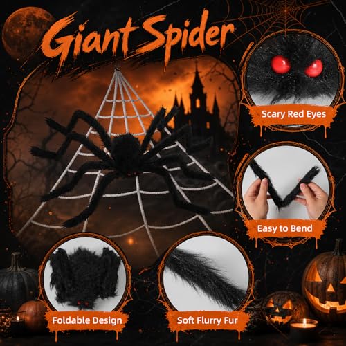 Image of Land Guard 236'' Big Spider Web Halloween Decor+70'' Huge Spider for Roof with Triangular Big Web for on House Outside and Inside
