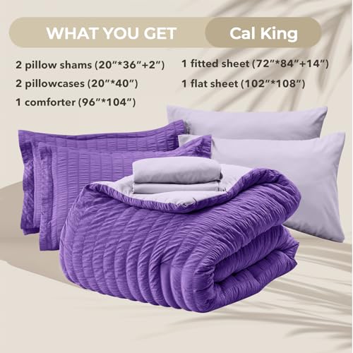 Image of HYMOKEGE Dark Purple /Lavender California King Comforter Set Seersucker 7 Pieces, All Season Luxury Bed in a Bag for Bedroom, Bedding Set with Comforter, Sheets, Pillowcases & Shams