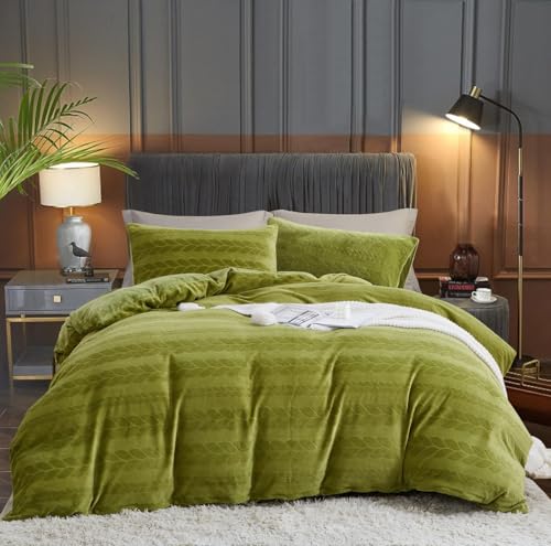 Sacebeleu Ropa de cama de invierno de 220 x 240 cm, color verde, de felpa, de franela de pelo largo, funda nórdica cálida y 2 fundas de almohada de 80 x 80 cm con cremallera