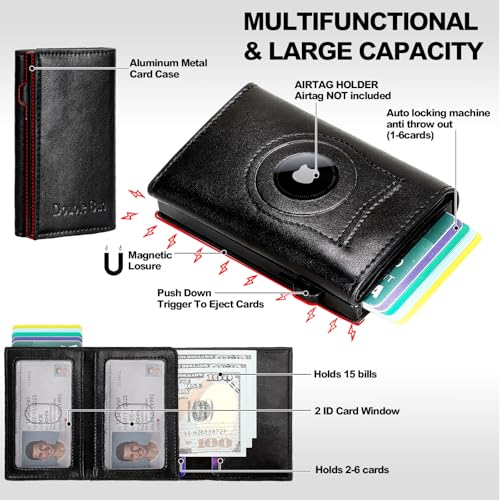 Wallet for Men Minimalist Compact Pop Up Credit Card Holder, Front Pocket Smart RFID Blocking Mens Slim Wallet,Ultra Thin Trifold Mens Leather Wallets Metal Aluminum Card Case (Oil Wax Black)3