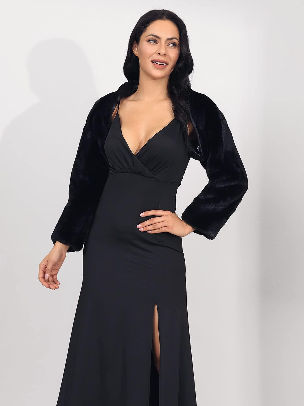 GORAIS Women’s Faux Fur Bolero Jacket for Evening Dresses Fur Coat Long Sleeve Cropped Shrug for Bride - Image 6