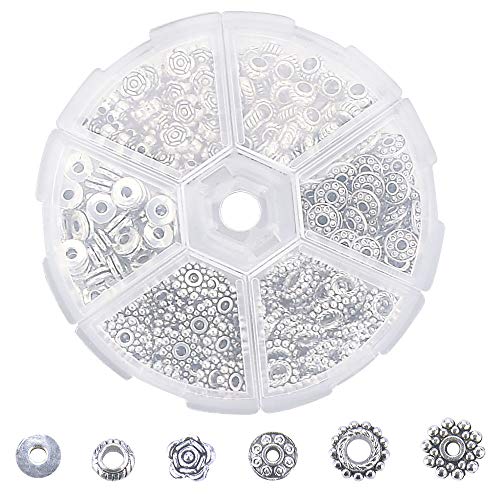 RMENOOR 300pcs Abalorios Espaciadores Separador Abalorios Espaciadoras de Cuentas, 6 Diseños Diferentes, Color Plateado, Cuentas de Tibetano para DIY Pulseras Collares Colgantes Pendientes Joyería
