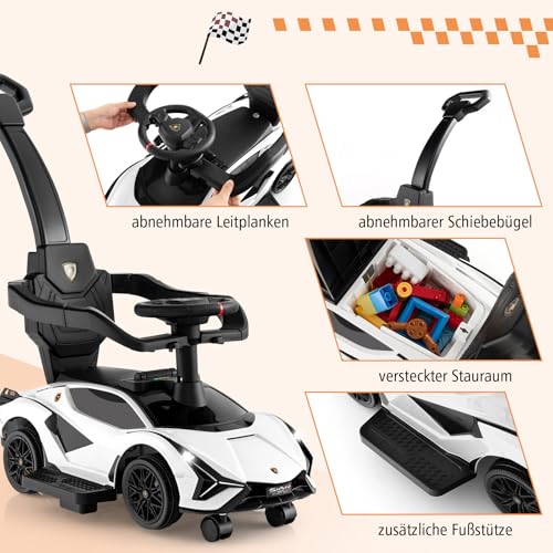 COSTWAY 3-in-1 Lamborghini Rutschauto, Schiebauto mit Scheinwerfern & Musik & Stauraum, Rutschfahrzeug mit abnehmbaren Schiebegriff & Universalrädern, Rutscher Auto für Kinder ab 1 Jahr (Weiß) – Bild 6