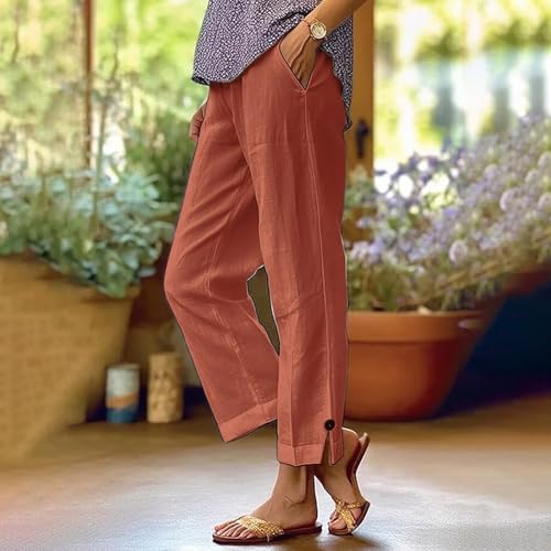 Image of Linen Pants Women 2026 Summer Beach Vacation Trousers Elastic Waist Linen Capris Pants Boho Casual Travel Pant