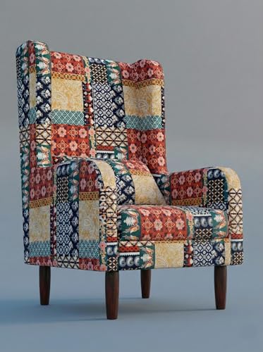 Image of WELL KNOWN Wooden Wing Chair with Ottoman Stool | Wingback for Living Room | High Density Foam | Accent Chair for Seating, Home Decor Furniture | (Marwadi Print, with Ottoman)