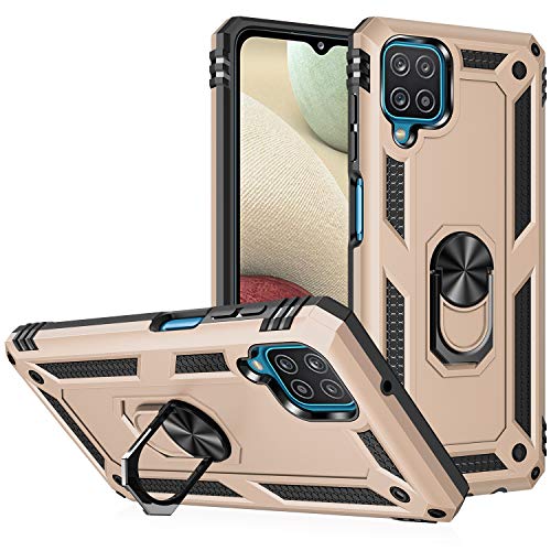 SORAKA Case for Samsung Galaxy A12 with Ring Holder Armor Case Samsung Galaxy M12 Case Soft TPU Bumper Hard PC Back Cover with Metal Plate for Magnetic Phone Car Mount Gold