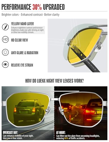 Image of Luenx Aviator Polarized Sunglasses for Men: Square UV400 Driving | Big Head Fit,Adjustable Nose Pads,Lightweight,Anti-slip,Impact-resistant,Scratch-Resistant,Glare Reduction,Gift-Ready Set