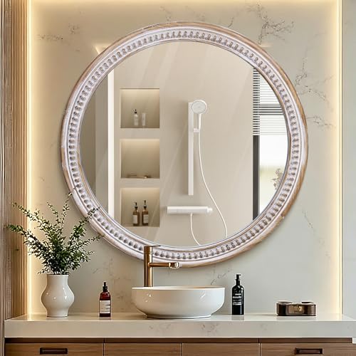 Image of 30 Inch Round Wood Mirror, Rustic Farmhouse Wall Mirrors for Bathroom | Boho Accent, HD Tempered Glass, Large Decorative Appeal, Ideal for Living Room, Entryway, Foyer, Vanity, and Hallway