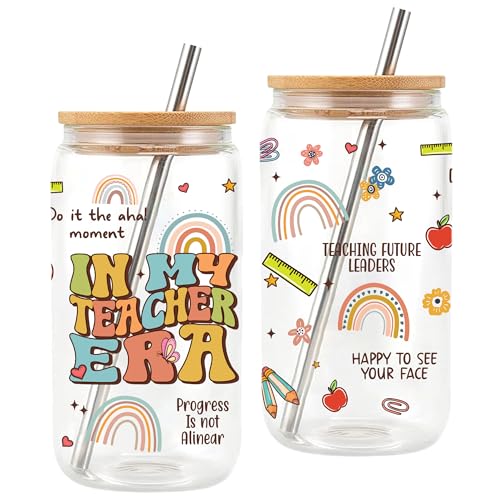 BOBAPARTHOME Teacher Appreciation Glass Cup with Lid and Straw, 16 Oz, Modern School-themed Tumbler, Hot & Cold Drinks, Reusable, Transparent, Multicolor, Includes Bamboo Lid and Straw
