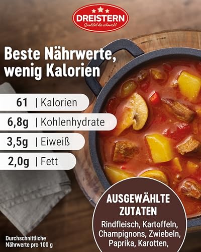 DREISTERN Gulaschsuppe 1200g I Mit Rindfleisch & Gemüse I XXL Herzhafter Eintopf in recyclebarer Konservendose I Lange Haltbarkeit dank natürlicher Konservierung I Hausmacher Qualität