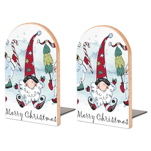 Christmas-Funny-Nordic-Gnomes - Sujetalibros de madera decorativos grandes con diseño de almohadilla antideslizante, sujetalibros resistentes, soporte para libros para CD, 1 par