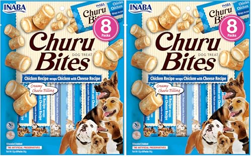 INABA Churu Bites Perros - Receta de Pollo con Queso - Palitos crujientes con Relleno cremoso, Aperitivo Delicioso y Saludable - Alimento con Proteínas, sin colorantes ni conservantes, 96g (8x12g)