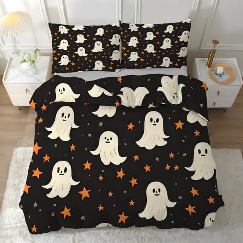 Funda Nordica Cama 90 Fantasma, Ropa de Cama Estrella 3 Piezas - Funda Edredon 135x200 Halloween de Microfibra Suave con 2 Fundas de Almohada 50x75 cm, con Cremallera Y-298
