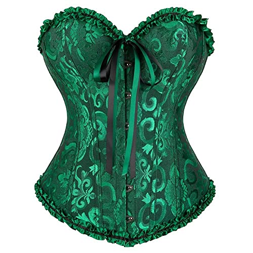 Josamogre Corsage Korsett Top Damen Vollbrust Corset Sexy Satin Burlesque Vintage Halloween Große Größen Grün L
