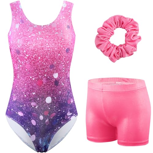 HOZIY Girls Gymnastics Leotards Outfits Sparkly Bow Back Unitards Biketard with Tumbling Shorts Hair band Kids 3-10 Years 5-6 Years Gradient Pink Purple