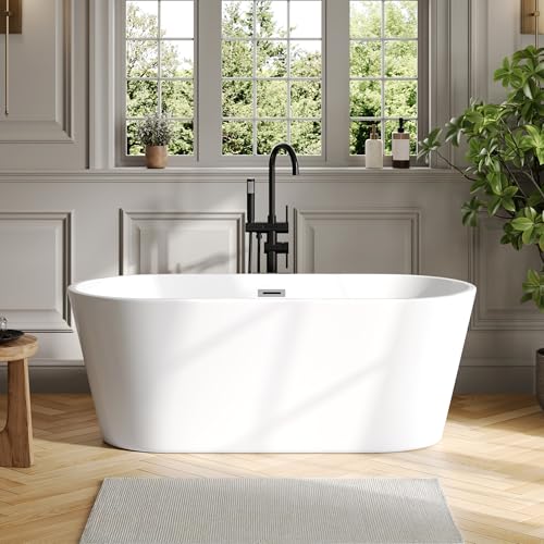DeerValley 59" Acrylic Freestanding Bathtub, Deep Soaking Tub with Center Drain & Integrated Overflow, Modern White Standalone Shower Tub Ergonomic Design