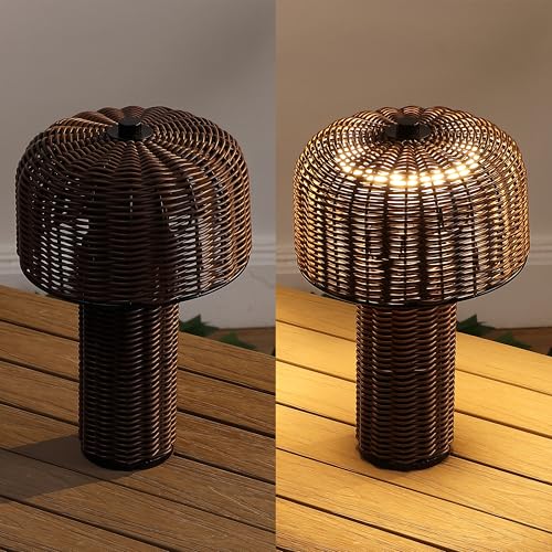 Image of JONATHAN Y 10 inch Dark Brown /Black Modern Scandinavian Faux Wicker Rechargeable Table Lamp Set of 2, Cordless Dimmable Integrated LED Lantern for Indoor /Outdoor Patio, Woven Shade JYL7155A-SET2