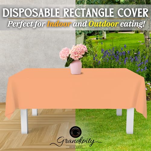 Image of Grandipity Plastic Table Cloth Disposable 12 Pack 54 inch x 108 inch Rectangle | Peach Plastic table covers, durable disposable tablecloths, fade and tear-resistent table cover for party, event