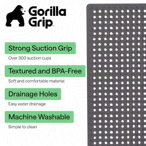 Image of GORILLA GRIP Patented Bath Tub Shower Mat, Machine Washable Bathtub Floor Liner Mats, Suction Cups and Drain Holes to Keep Tubs Clean, Soft on Feet, Bathroom Essentials, 35x16 Inch, Charcoal Opaque