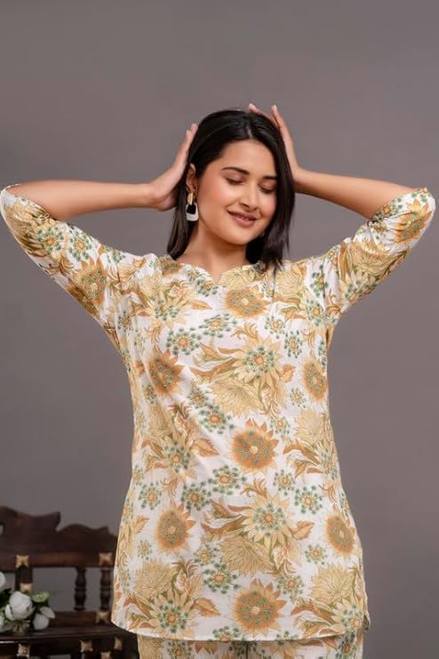 Image of Pure Cotton Printed Night Suit Set | Top Pyjama Set for Women | Night Dress of Kurta Pyjama Set for Women | Kurta Top Set